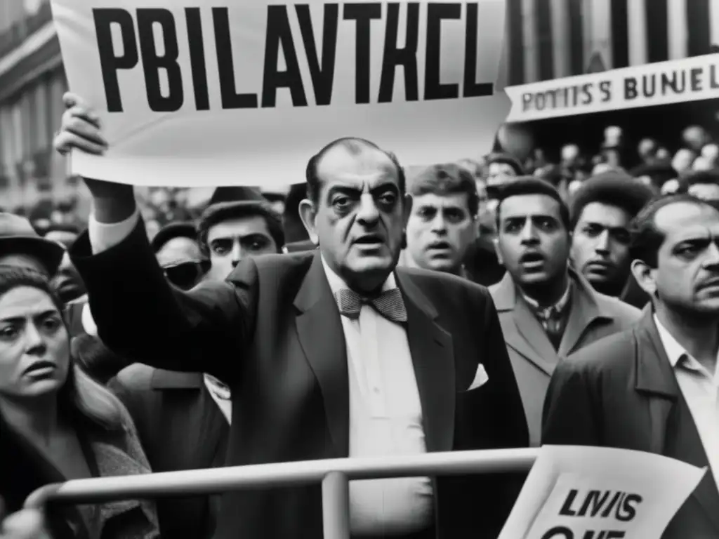 Luis Buñuel en medio de una protesta, sosteniendo un cartel con consigna política