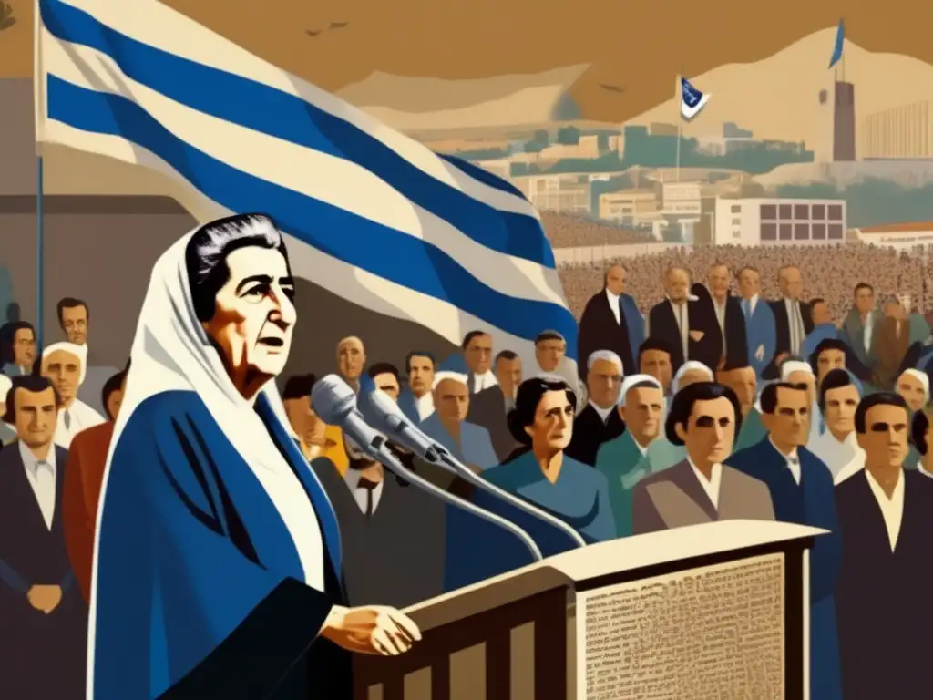 Golda Meir liderando con determinación durante la Guerra del Yom Kippur, rodeada de figuras militares y civiles, con la bandera de Israel de fondo