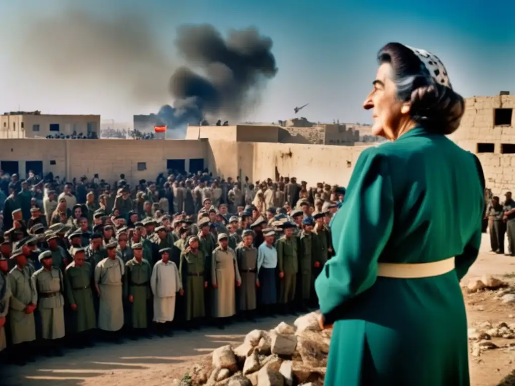 Golda Meir liderando a soldados en la Guerra del Yom Kippur, con determinación frente a un paisaje de guerra