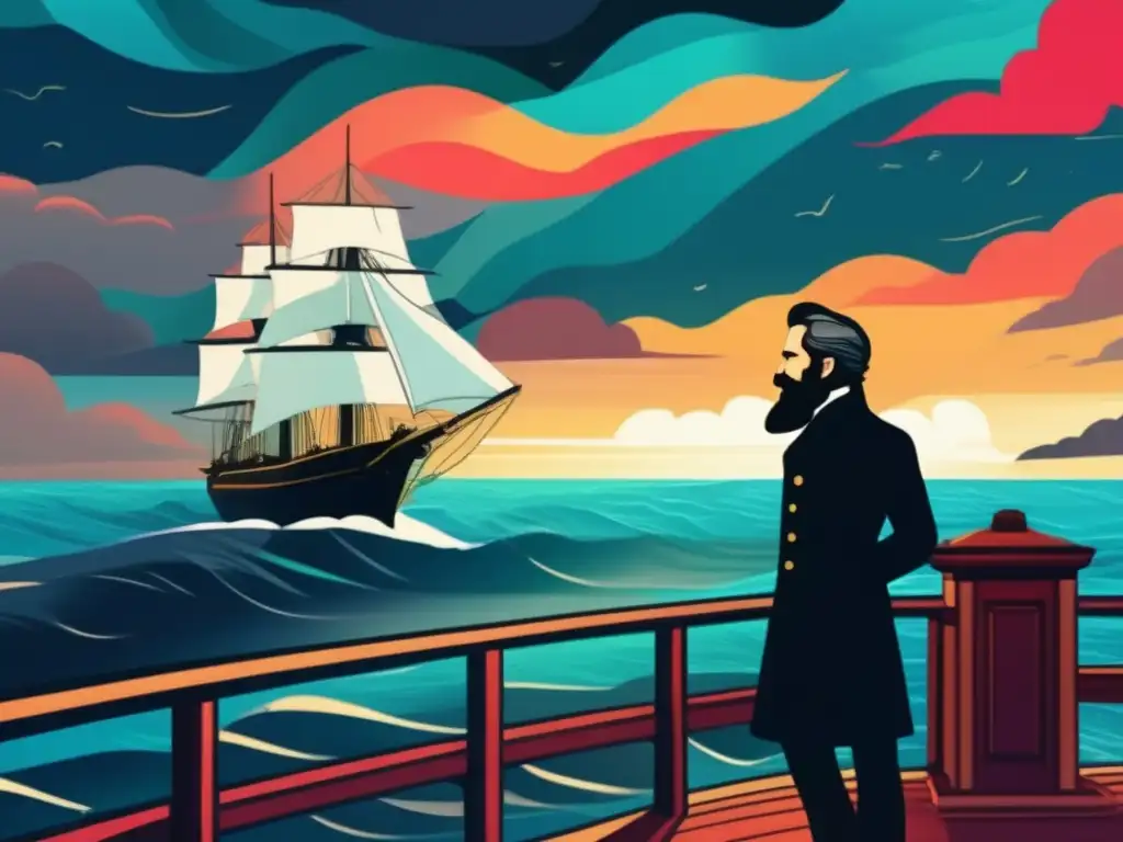Herman Melville, autor de Moby Dick, mira al horizonte desde un barco en una ilustración digital moderna bajo un cielo tormentoso