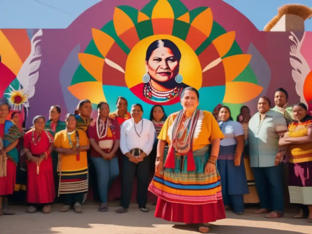 Fotografía de la biografía de Rigoberta Menchú luchando por los derechos indígenas con un vibrante mural de resistencia y orgullo cultural