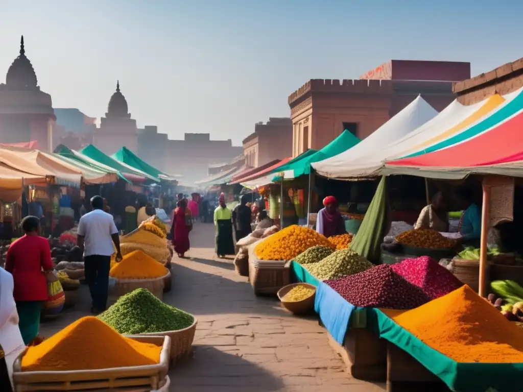 Mercado multicultural con textiles, especias y arquitectura moderna En un mercado bullicioso de una ciudad postcolonial, los vendedores ofrecen textiles coloridos, especias exóticas y productos vibrantes