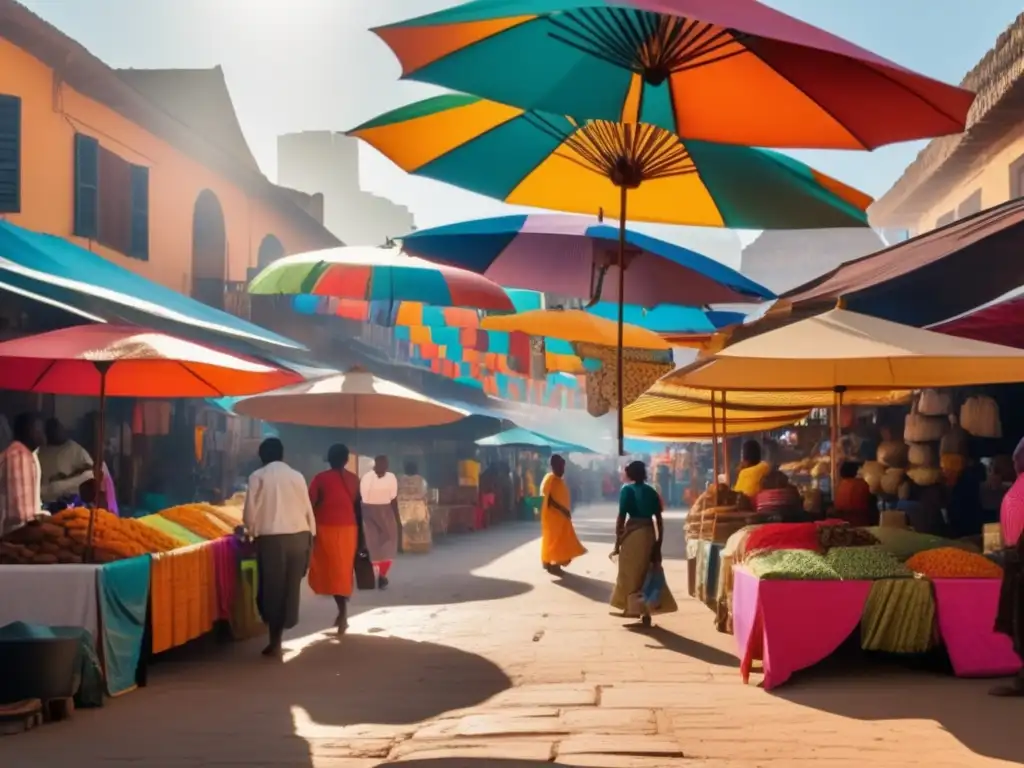 Mercado colorido con influencias coloniales y modernas Un mercado bullicioso en una ciudad postcolonial, vendedores ofrecen textiles y especias bajo coloridos paraguas