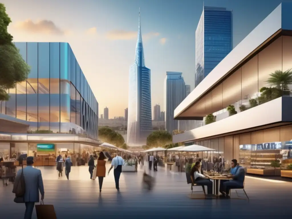 Un mercado bullicioso en Israel, con empresarios innovadores y tecnologías punteras, rodeado de modernos edificios de cristal y vida urbana vibrante