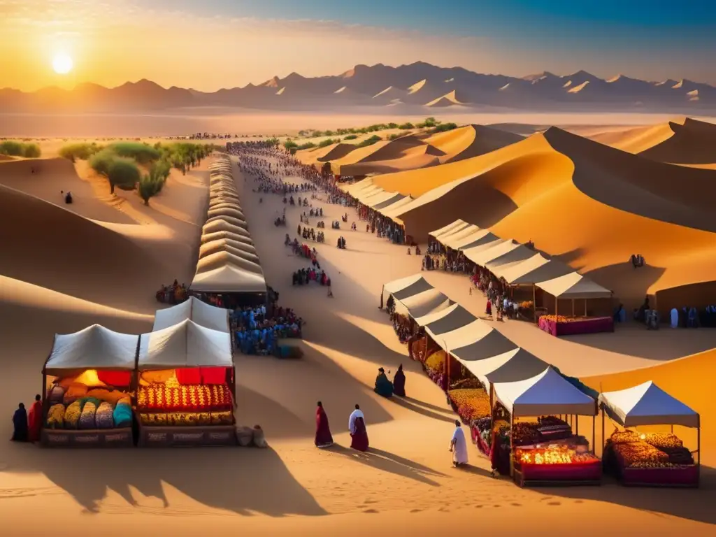 En el mercado bullicioso de la Ruta de la Seda, comerciantes intercambian bienes bajo las dunas del desierto al atardecer, evocando la aventura de Marco Polo