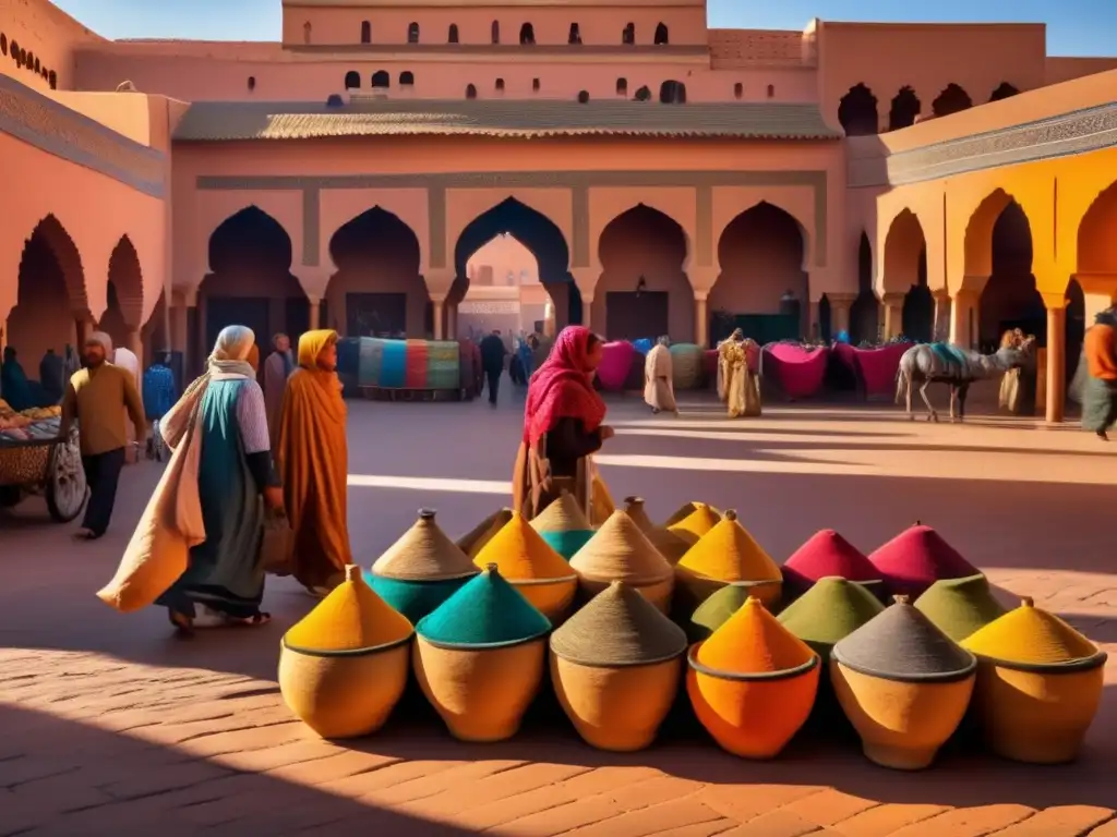 Un mercado bullicioso en Marrakech, Marruecos, con textiles y cerámica coloridos en medio de la antigua arquitectura