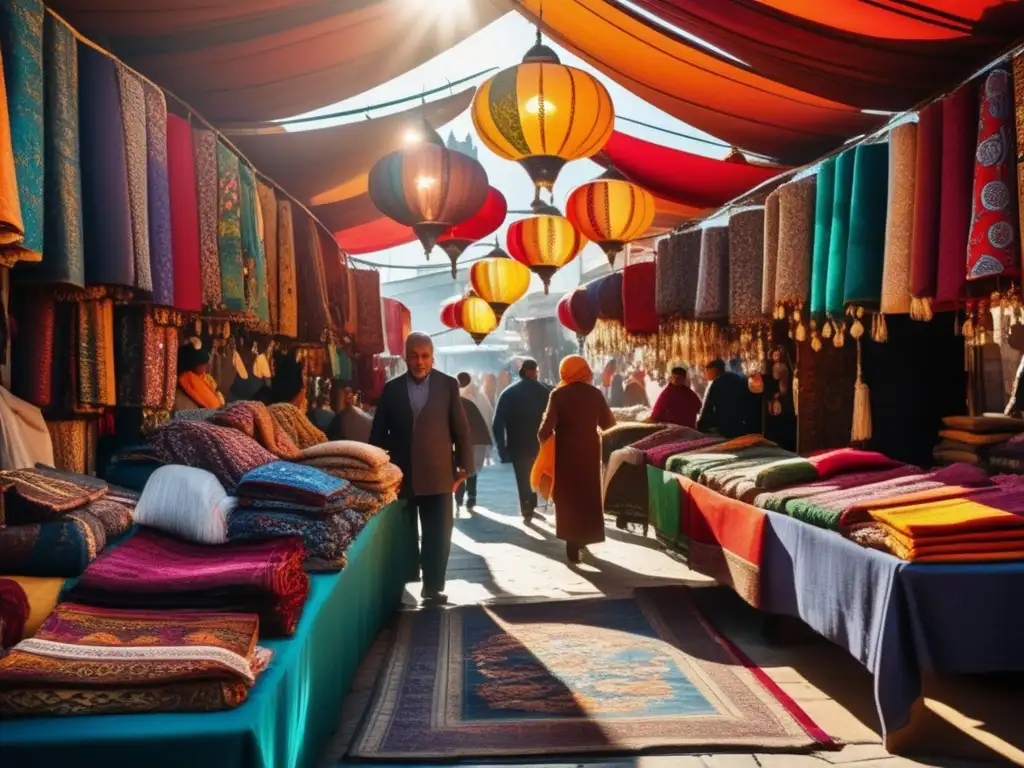 Un mercado bullicioso en Estambul, Turquía, muestra textiles vibrantes y trajes tradicionales
