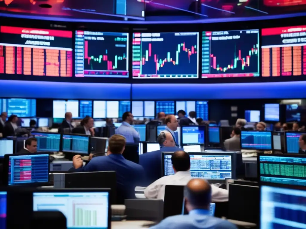 Un mercado bursátil caótico con traders frenéticos gestualizando y gritando, rodeados de pantallas que muestran gráficos y precios de acciones