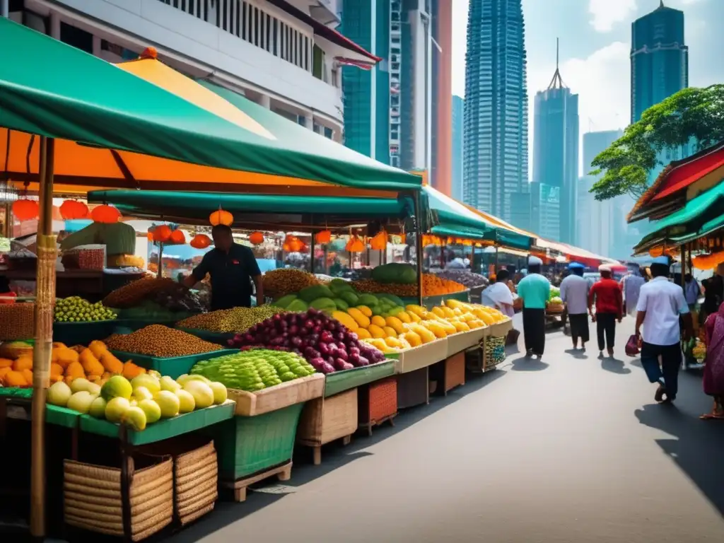 Un mercado callejero bullicioso en Malasia con puestos de frutas exóticas, especias y artesanías