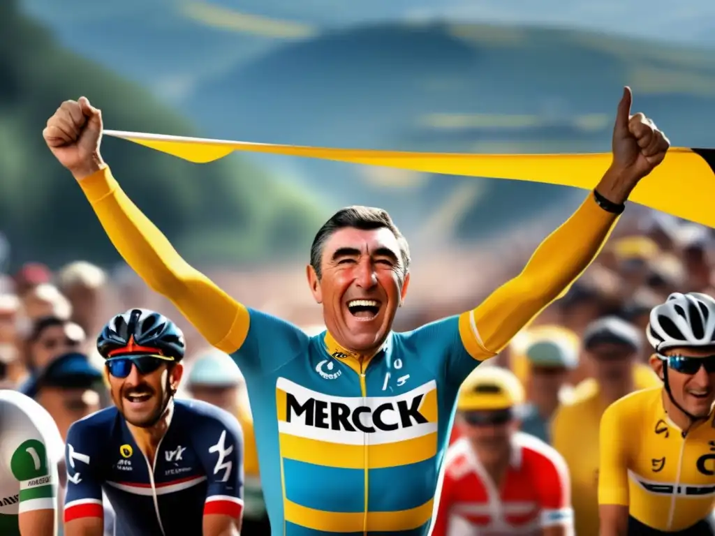 Eddy Merckx con el maillot amarillo en el Tour de Francia, rodeado de público y paisaje campestre