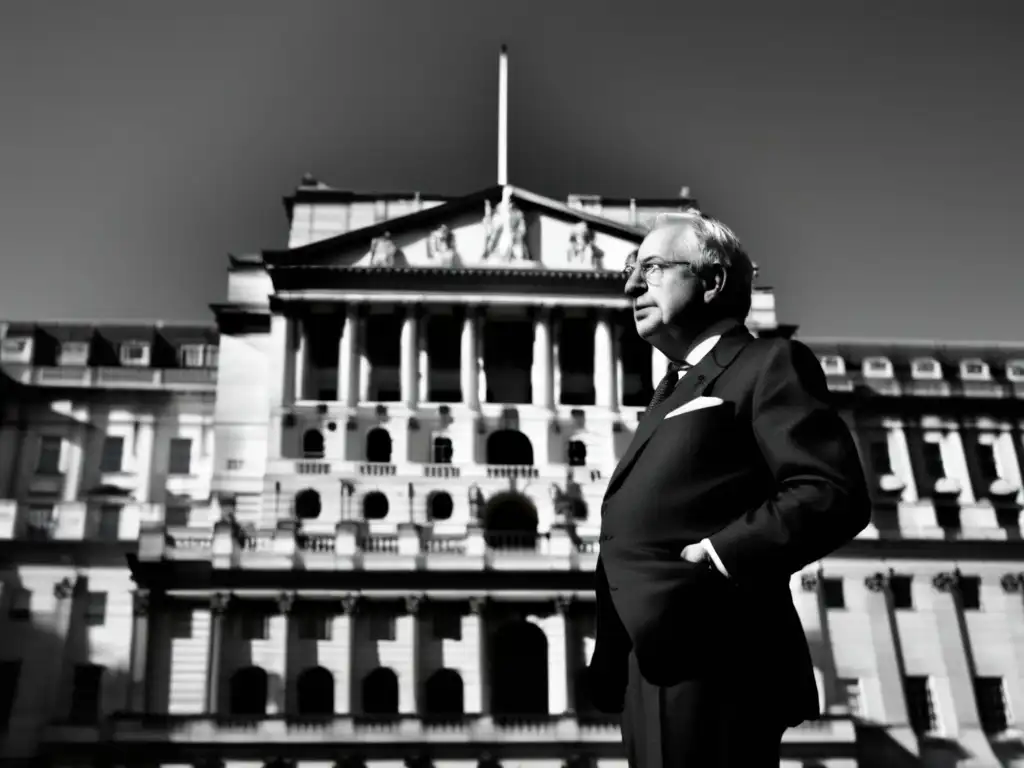 Mervyn King reflexiona frente al imponente Banco de Inglaterra en una foto en blanco y negro