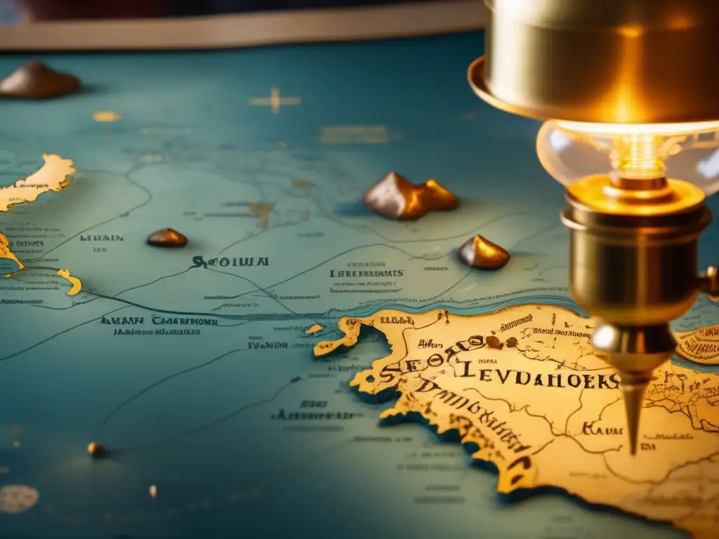 Sobre una mesa, un antiguo mapa iluminado por una lámpara de latón