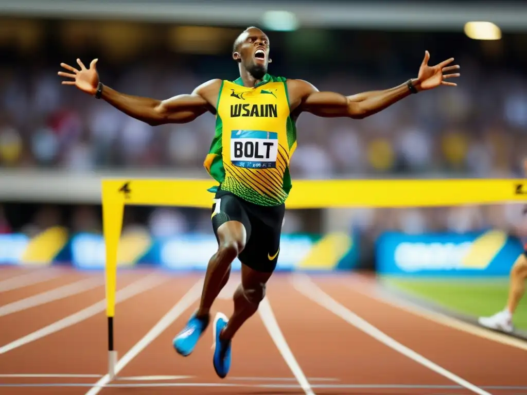 Usain Bolt cruza la meta con los brazos abiertos, mostrando intensidad y determinación
