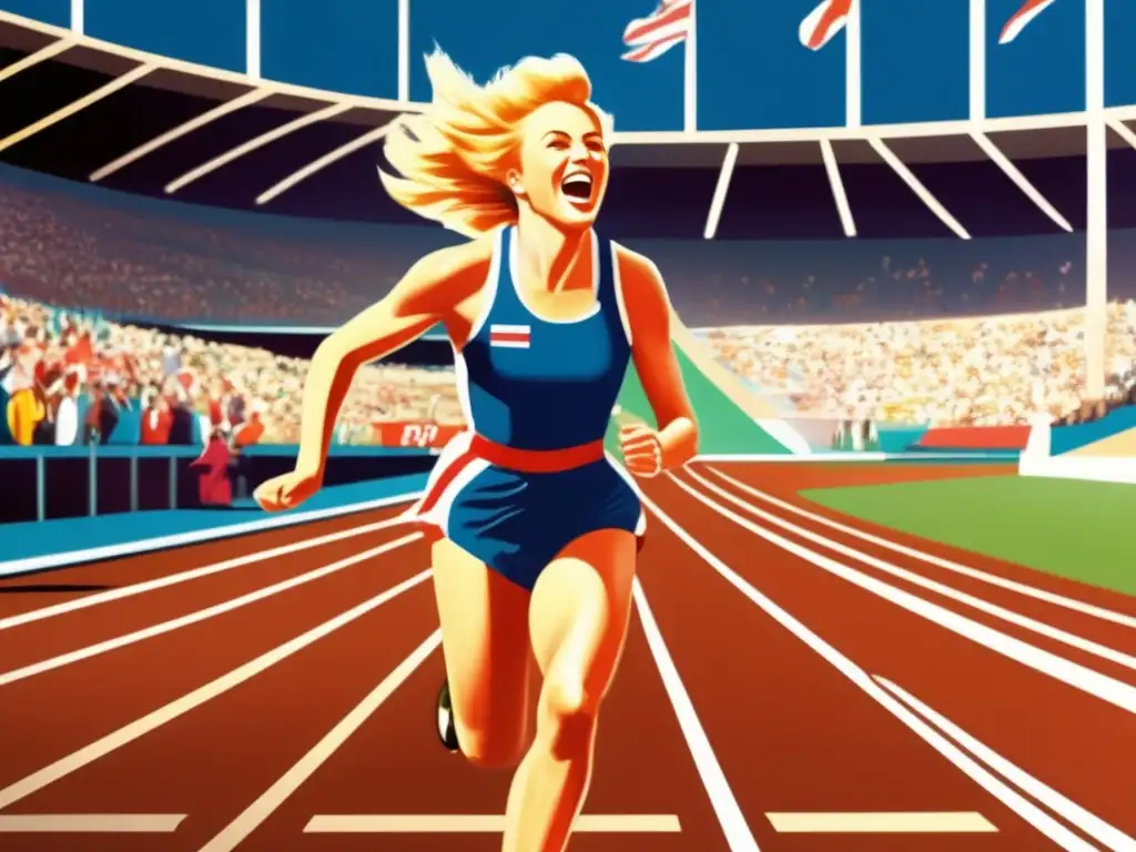Betty Cuthbert cruza la meta en una carrera olímpica triunfante, irradiando determinación y alegría