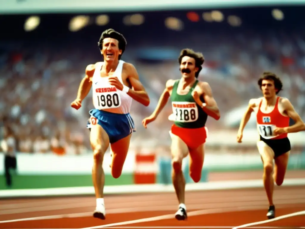 Sebastian Coe cruza la meta en la final de 1500m en los Juegos Olímpicos de 1980, con determinación y emoción, en una imagen ultra detallada de 8k