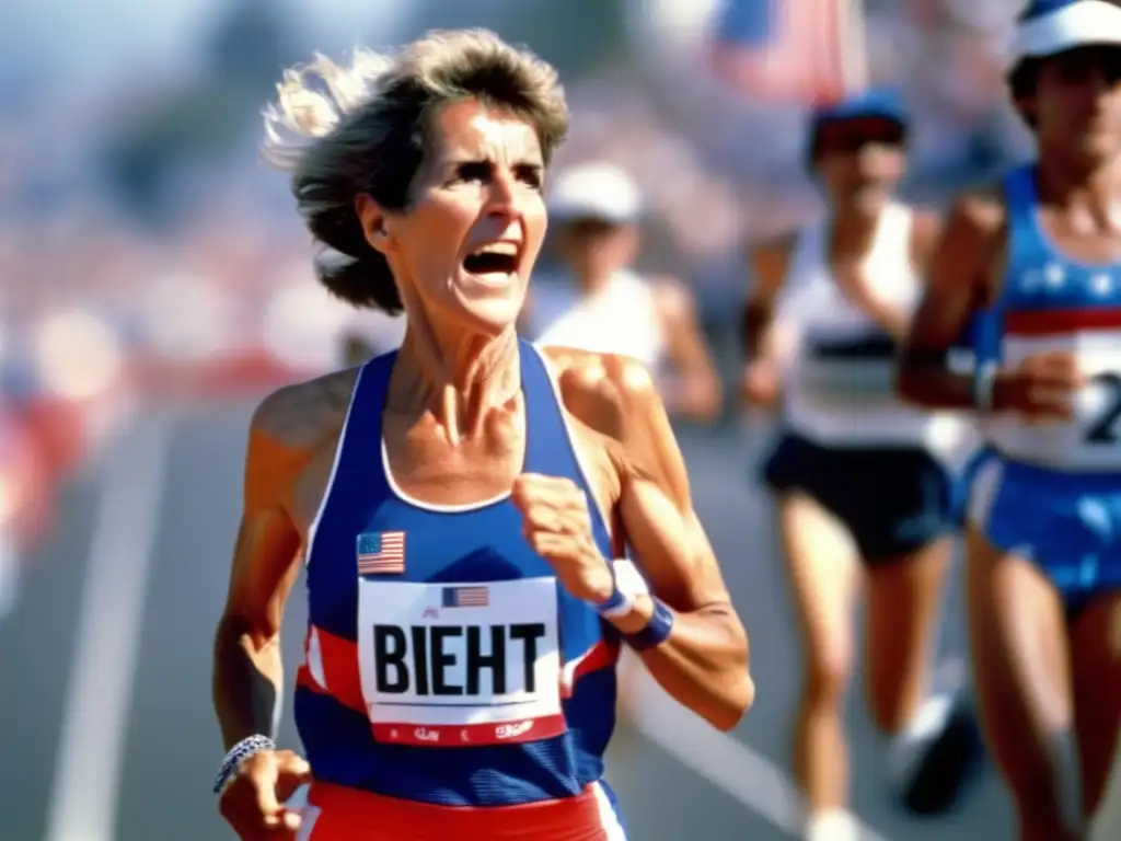 Joan Benoit cruzando la meta en los Juegos Olímpicos de Los Ángeles 1984, una imagen inspiradora de triunfo y agotamiento