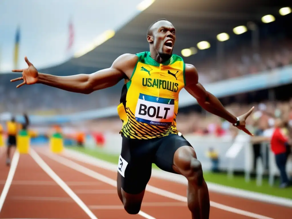 Usain Bolt cruza la meta en una pose victoriosa, con determinación y poder