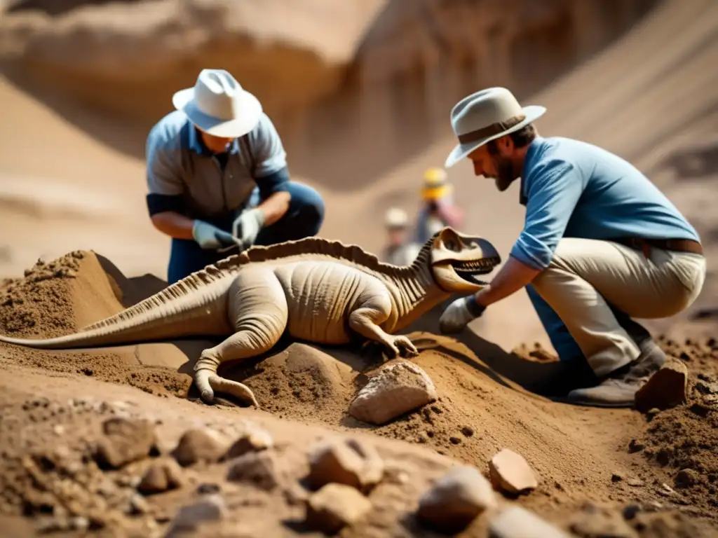 Meticulosa excavación de fósil de dinosaurio, resaltando legado de Richard Owen en paleontología