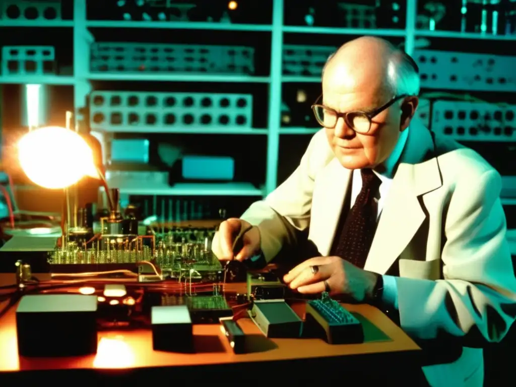 Jack Kilby, inventor del microchip, concentrado en su laboratorio rodeado de componentes informáticos