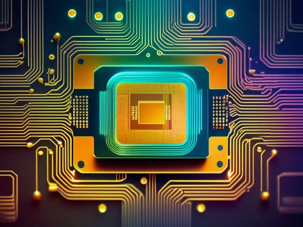 Un microchip futurista con circuitos intrincados y componentes minúsculos refleja la luz en un fascinante juego de colores y brillos