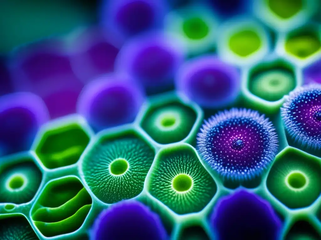 Un microscópico universo de células vegetales en vibrante color, revelando la belleza y complejidad de la vida