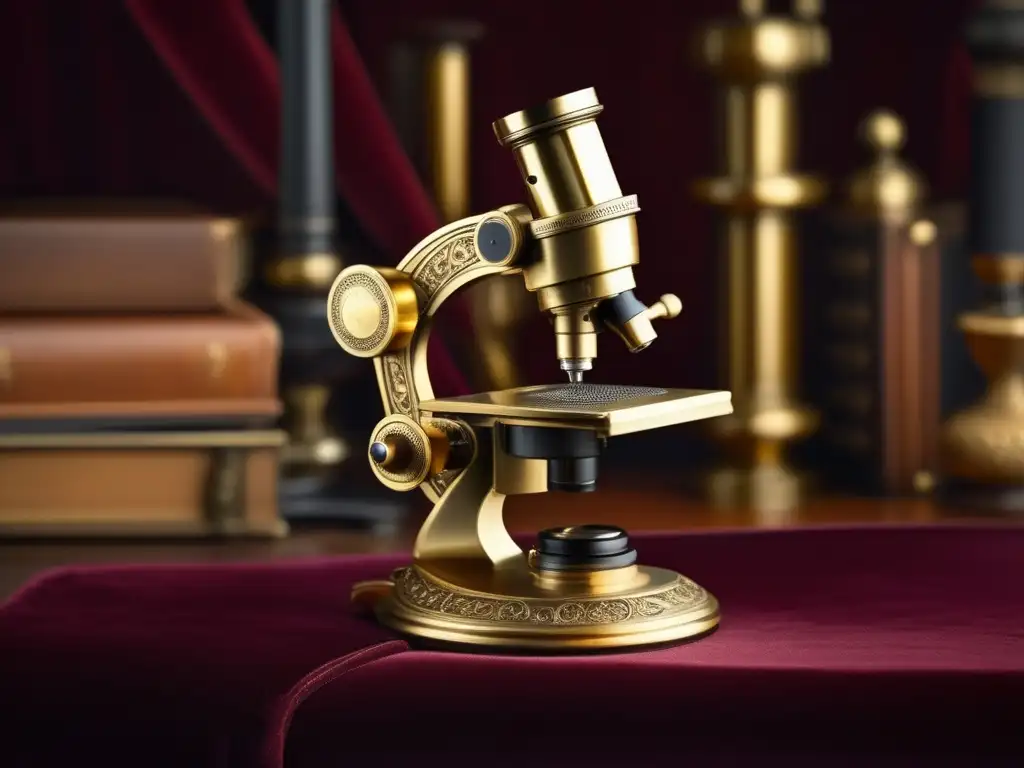 Un microscopio de latón antiguo se destaca sobre un fondo de terciopelo oscuro, con iluminación dramática que resalta su artesanía