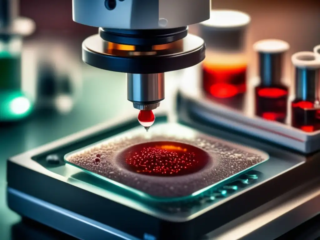 Un microscopio enfocado en un portaobjetos de sangre infectada con parásitos de malaria