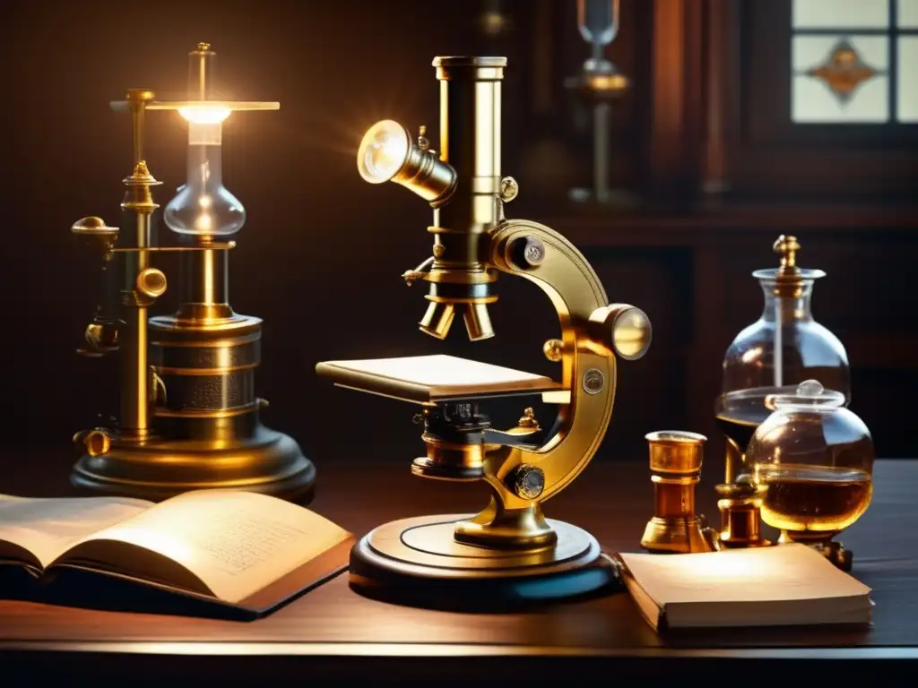 Un microscopio del siglo XVII iluminado por un rayo de luz, rodeado de instrumentos científicos vintage