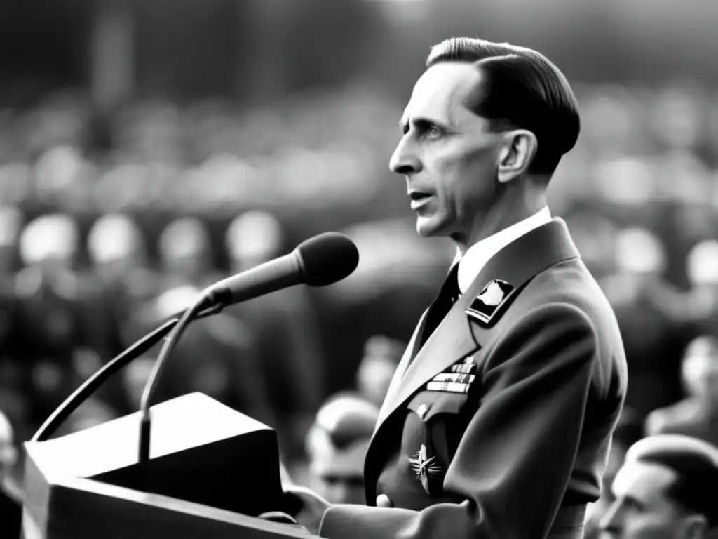 El Ministro de Propaganda de Alemania Nazi, Joseph Goebbels, pronuncia un discurso apasionado ante una multitud de soldados y civiles uniformados