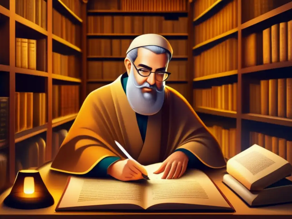 Maimónides transcribiendo su Código de Ley Un minucioso Moisés Maimónides transcribe su Código de Ley rodeado de antiguos manuscritos, evocando su autoridad y reverencia