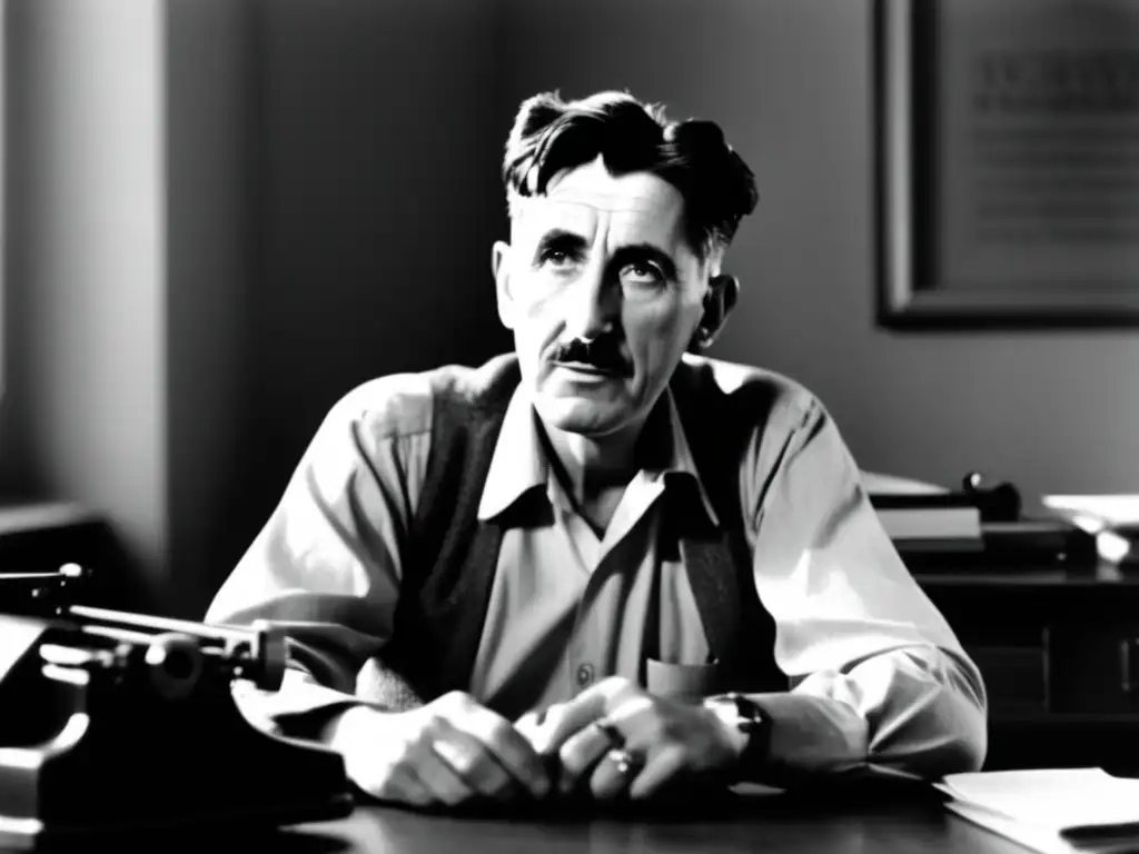 George Orwell, con mirada intensa y arrugas que narran su vida, se concentra en su escritura