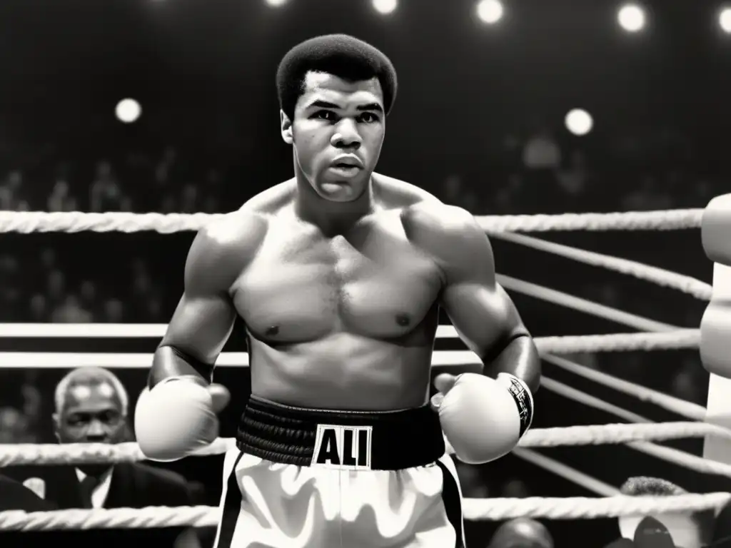 Con su mirada llena de determinación y sus puños en alto, Muhammad Ali irradia carisma y resiliencia en el ring, capturando su impacto en el activismo civil y el deporte