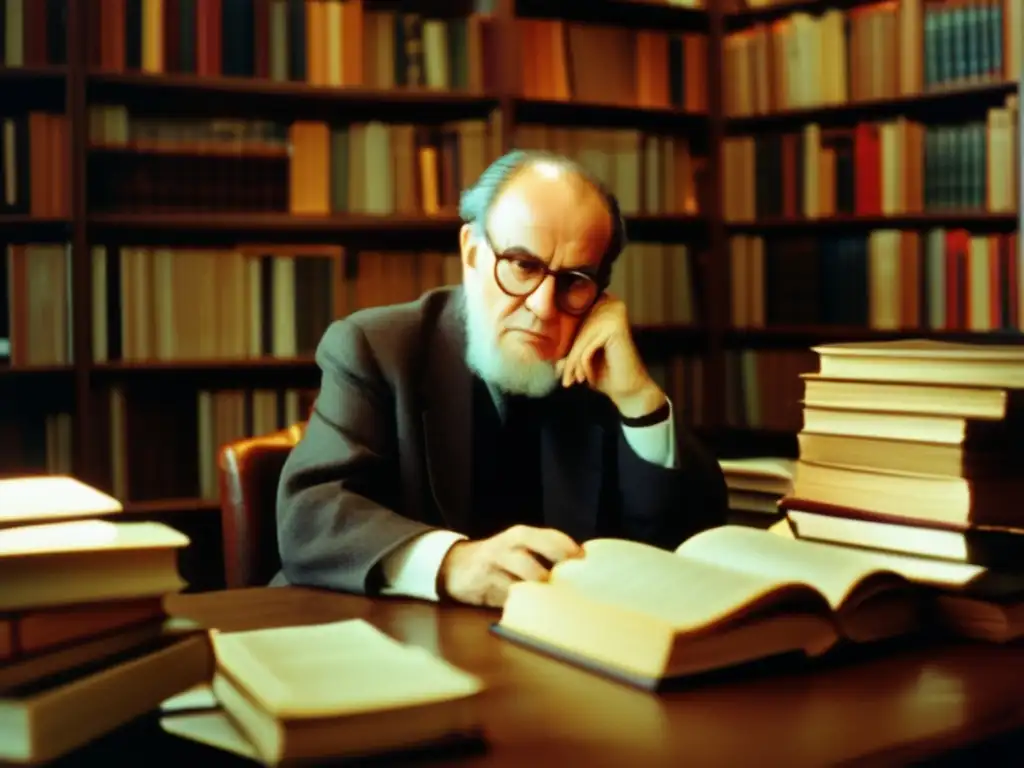 Mircea Eliade inmerso en su estudio, rodeado de libros y papeles, reflexionando sobre el simbolismo religioso