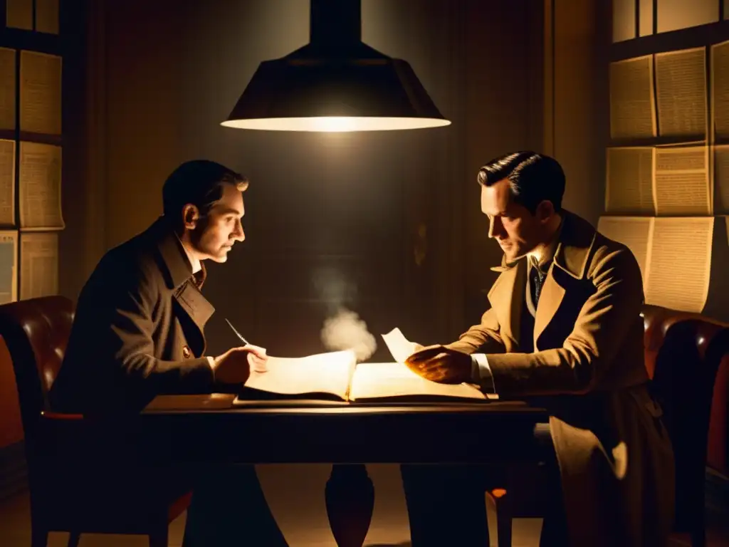 Dos misteriosos espías intercambian un dossier en una habitación llena de humo, mapas antiguos y documentos secretos