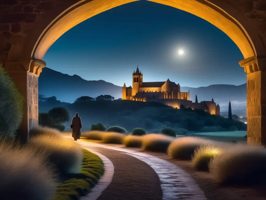 Un místico paseo nocturno cerca de un monasterio medieval, reflejando la esencia de la Biografía de Juan de la Cruz