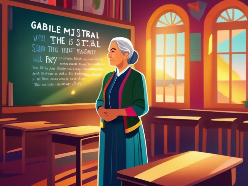 Gabriela Mistral, educadora literatura chilena, irradia sabiduría frente a un pizarrón con versos poéticos