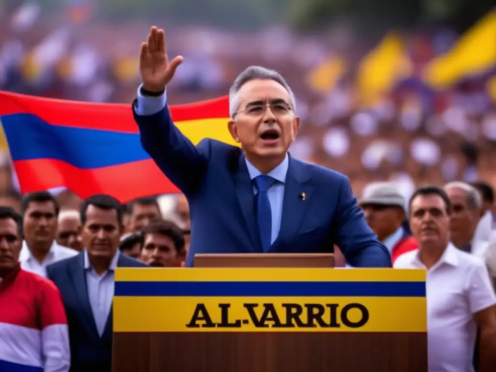 Álvaro Uribe en un mitin político con la bandera colombiana de fondo, transmitiendo intensidad y determinación