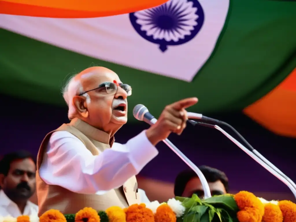 Lal Krishna Advani habla en un mitin político, con la bandera de la India de fondo