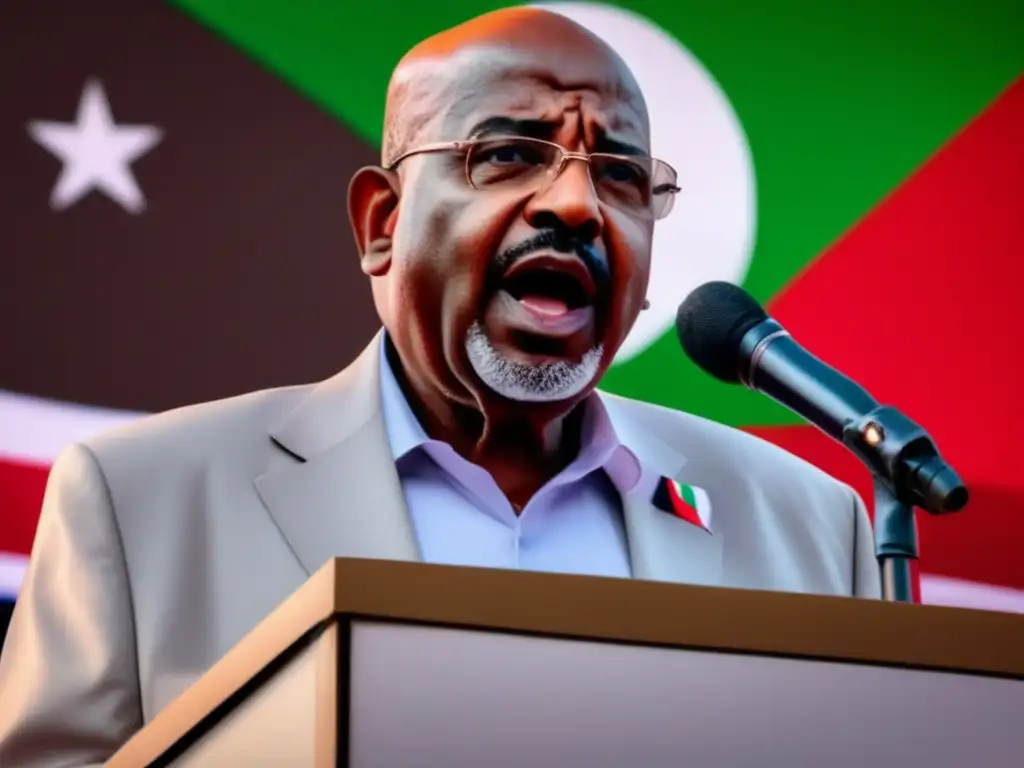 Omar al-Bashir liderando un mitin político en Sudán, con una expresión poderosa, rodeado de seguidores y la bandera nacional