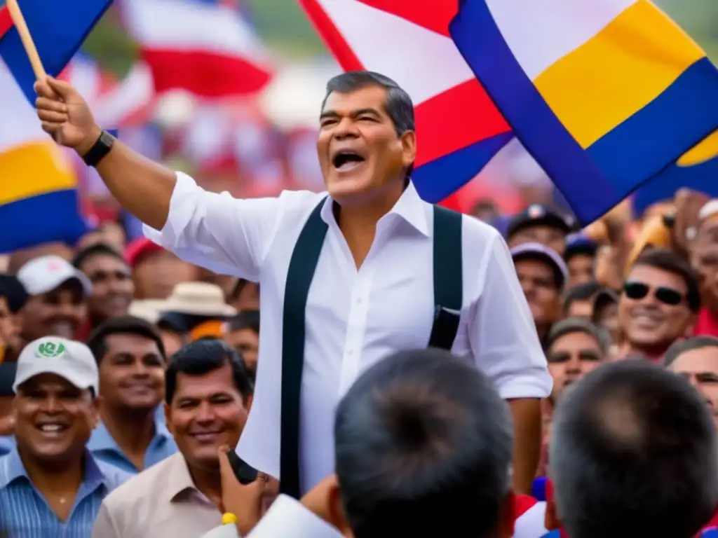 Rafael Correa en un mitin político, rodeado de seguidores con banderas y pancartas