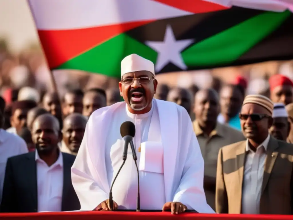 Omar al-Bashir liderando un mitin político en Sudán, rodeado de seguidores con la bandera sudanesa ondeando al fondo