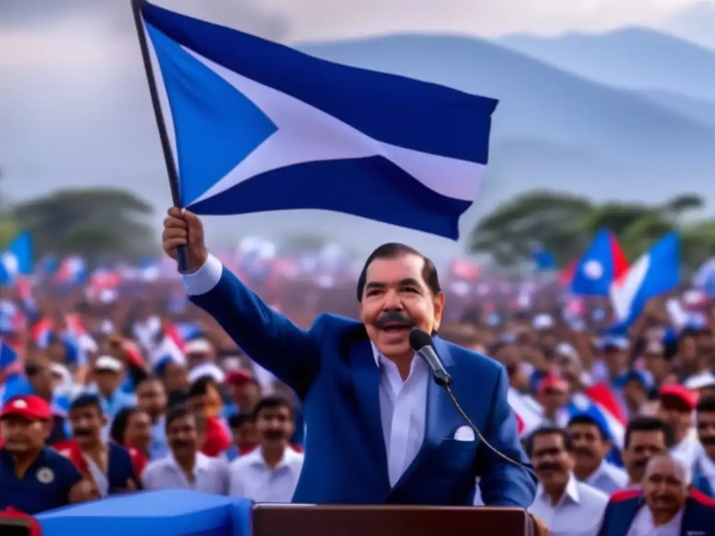 Daniel Ortega, en un mitin político, rodeado de seguidores y la bandera de Nicaragua