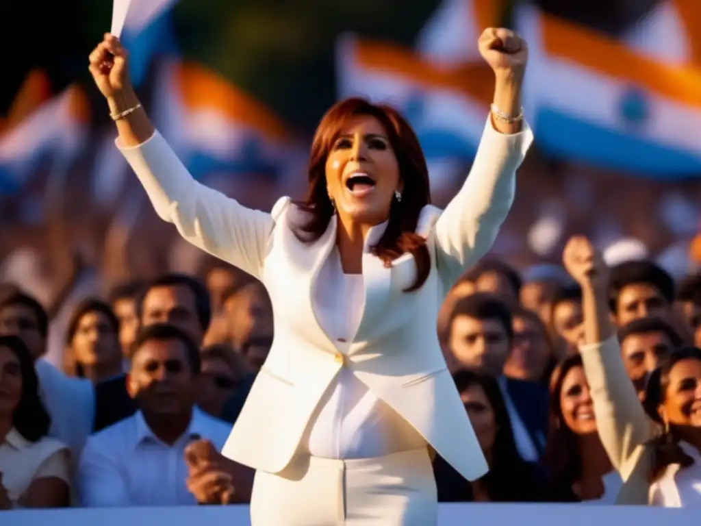 Cristina Fernández de Kirchner, en un mitin político, habla apasionadamente mientras sus seguidores la respaldan con entusiasmo