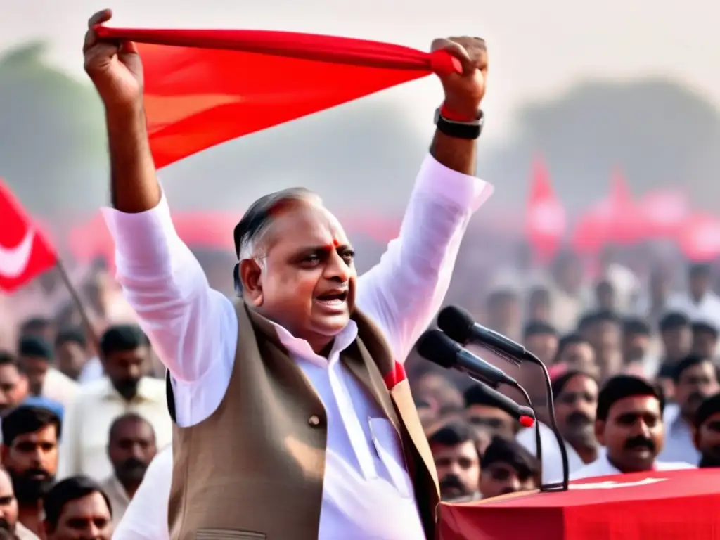Mulayam Singh Yadav lidera un mitin político en Uttar Pradesh, con una bandera socialista ondeando y seguidores animados