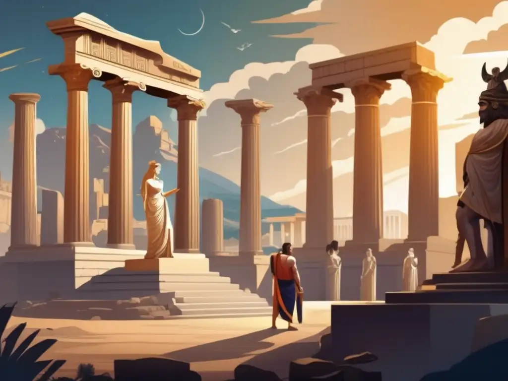 Euhemerus, el mitólogo, contempla ruinas antiguas y estatuas divinas en una ilustración digital detallada y cautivadora