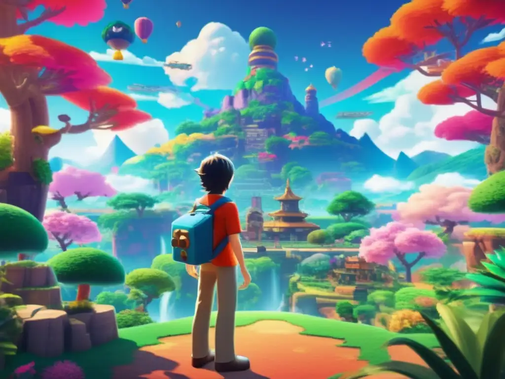 Shigeru Miyamoto se para frente a un mundo de videojuegos vibrante y detallado, con una expresión reflexiva