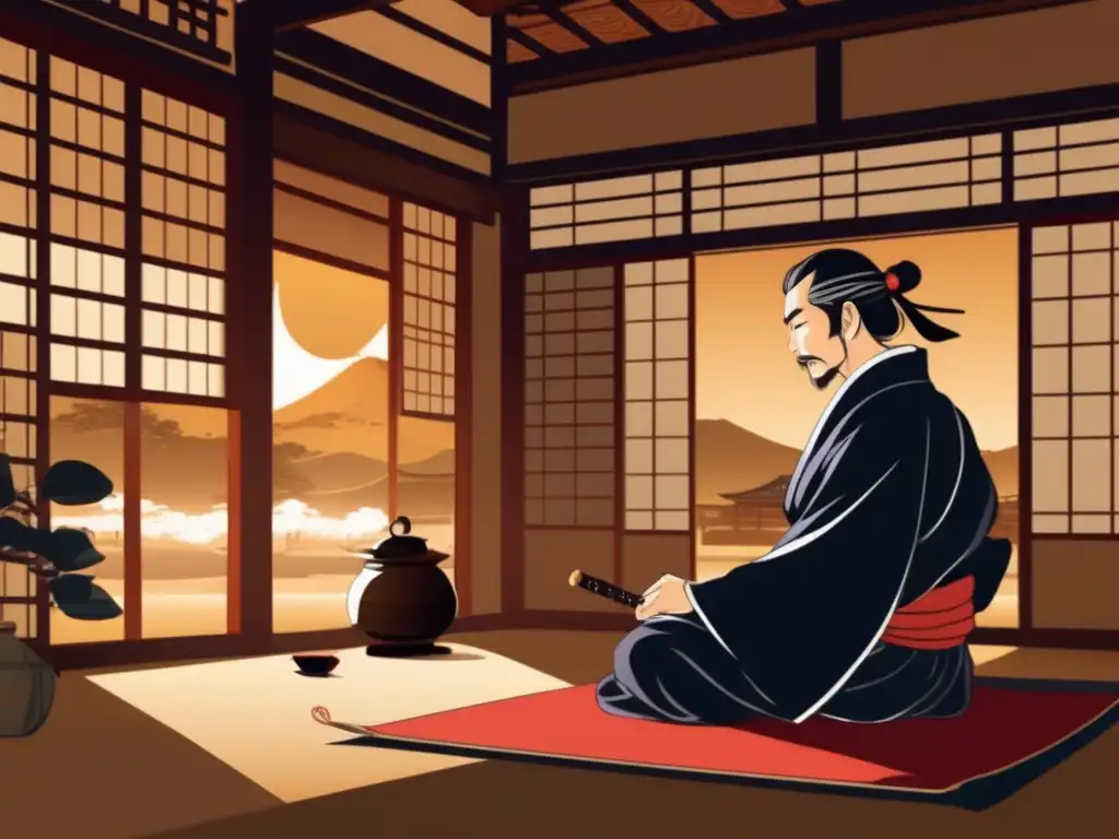 Miyamoto Musashi Samurai practicando caligrafía en casa de té japonés, inmerso en la filosofía samurái