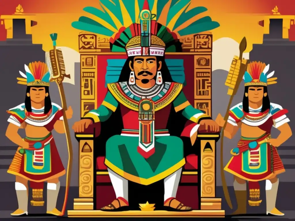 Moctezuma II en su trono en Tenochtitlan, rodeado de guerreros y símbolos aztecas