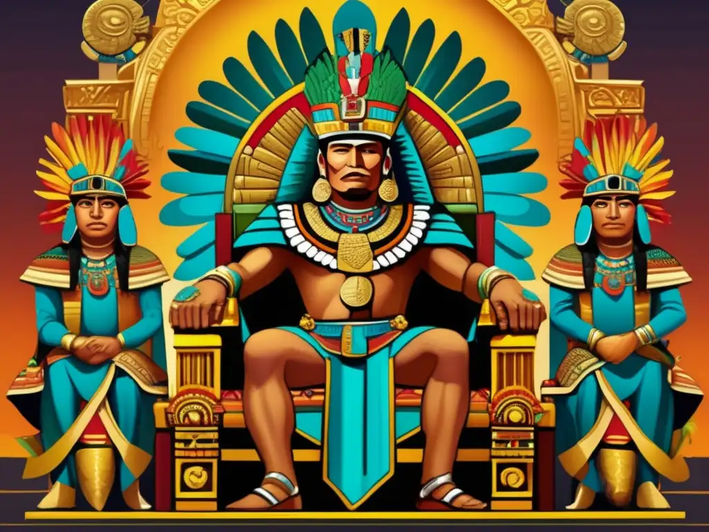 Moctezuma II en su trono rodeado de guerreros y sacerdotes aztecas, con la Ciudad de Tenochtitlan al fondo