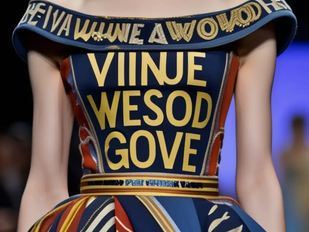 Una modelo desfila con un impresionante vestido de alta costura de Vivienne Westwood, fusionando moda y activismo